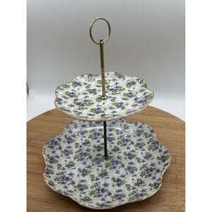 Lefton China Violet Chintz 2 Tiered Serving Tray (Lunch & Bread/Butter Plate) 4